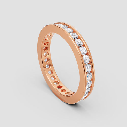Rose Gold Moissanite Channel Eternity Band – Dainty Stackable Wedding Ring, Full Diamond Circle, Fuego Fine Jewelry