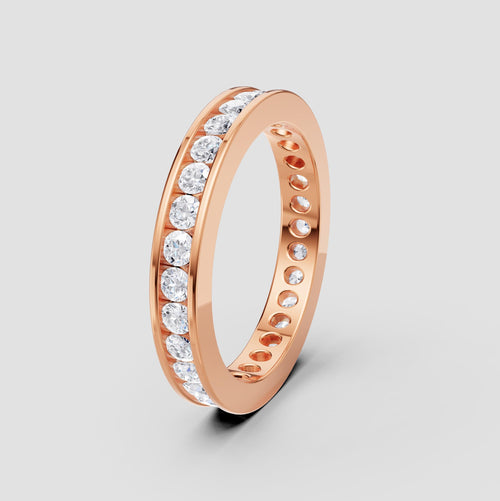Rose Gold Moissanite Channel Eternity Band – Dainty Stackable Wedding Ring, Full Diamond Circle, Fuego Fine Jewelry