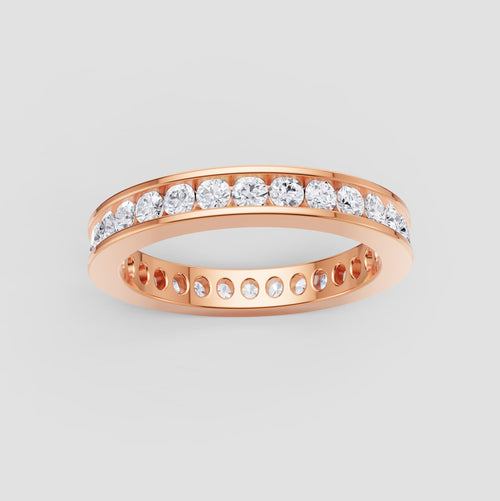 Rose Gold Moissanite Channel Eternity Band – Dainty Stackable Wedding Ring, Full Diamond Circle, Fuego Fine Jewelry