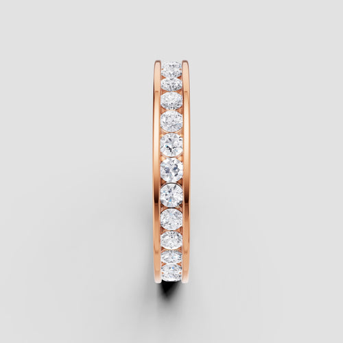 Rose Gold Moissanite Channel Eternity Band – Dainty Stackable Wedding Ring, Full Diamond Circle, Fuego Fine Jewelry
